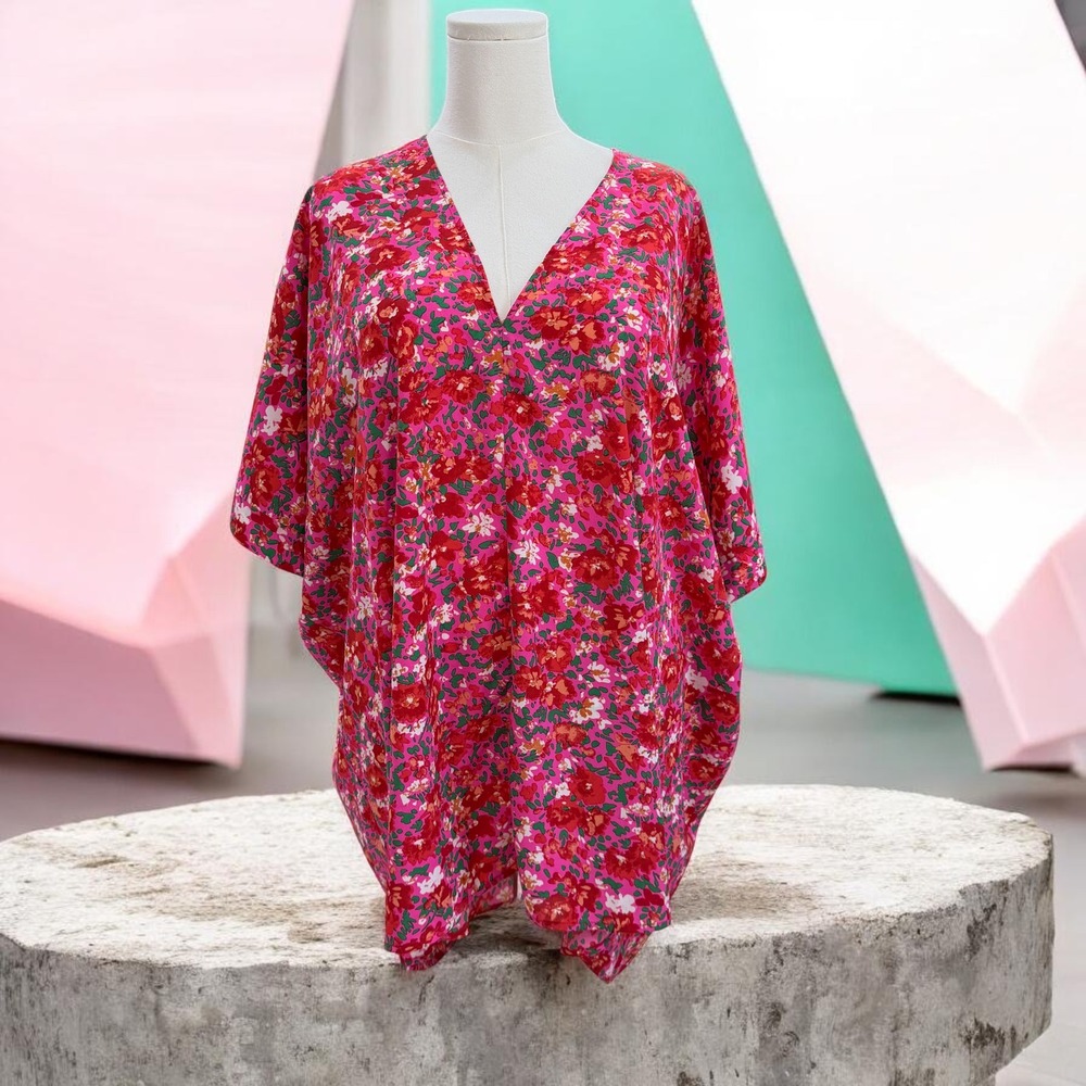 Jodifl 3X Floral Pink Flowing Kaftan Tunic Resort Coastal Feminine Cottagecore‎